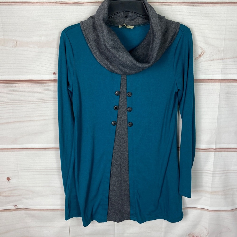 Bebonnie Top Women S Green Gray Tunic Blouse Cowl Neck Knit Pullover Long Sleeve